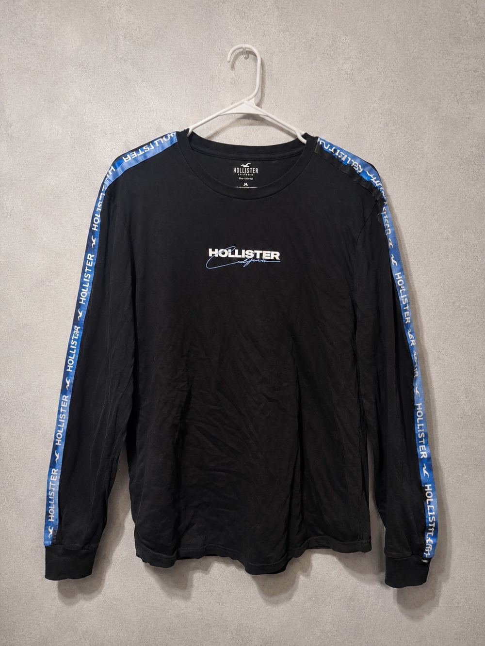 Hollister Black Long Sleeve Tee with Blue Logo & Shoulder Tape